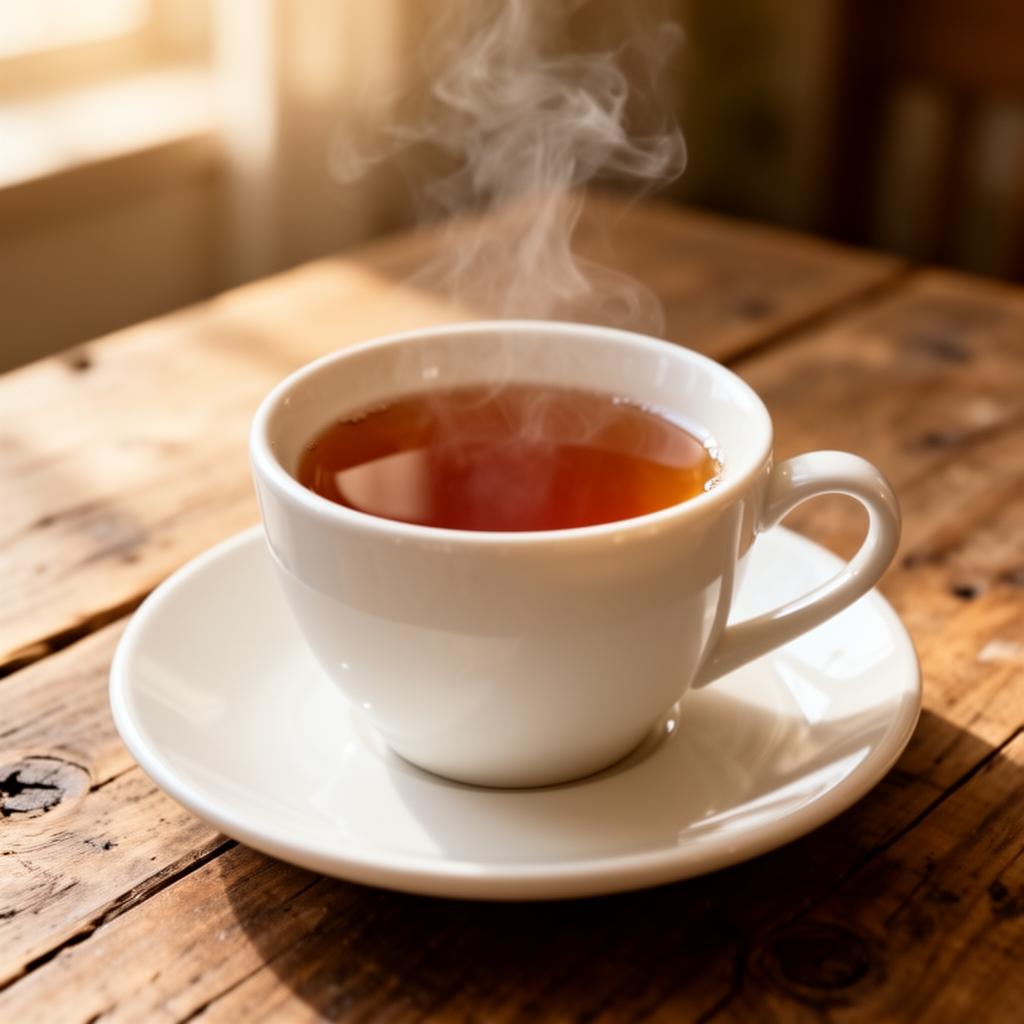 Eine dampfende Tasse Tee auf einem Holztisch